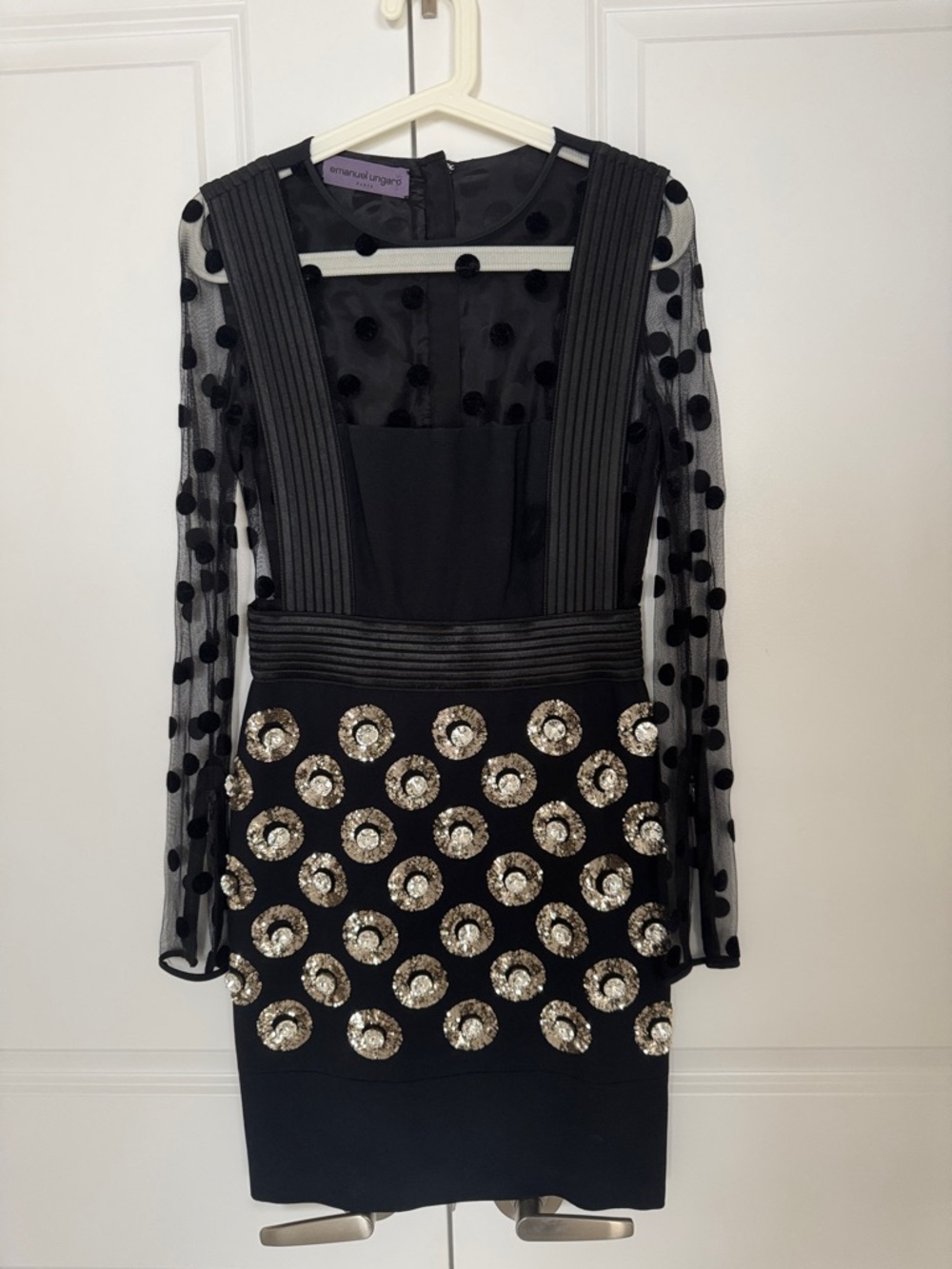 Emanuel Ungaro Black Long-Sleeve Polka Mesh Dress with Gold Sequin Rosettes